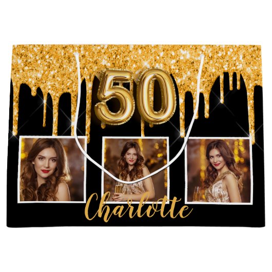 Grand Sac Cadeau 50e anniversaire noir parties scintillant d'or gou (Devant)