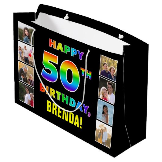 Grand Sac Cadeau 50e anniversaire : Rainbow Text, Custom Photos & N (Dos Angle)