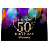 Grand Sac Cadeau 50e fête d'anniversaire Ballons noirs et or (Devant)