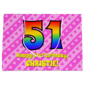 Grand Sac Cadeau 51e anniversaire : Pink Stripes & Hearts, Arc-en-c (Devant)