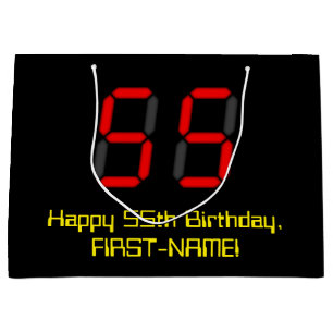 Grand Sac Cadeau 55ème anniversaire : Rouge Digital Clock Style "55