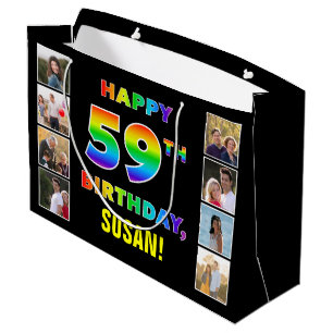 Grand Sac Cadeau 59e anniversaire : Rainbow Text, Custom Photos & N