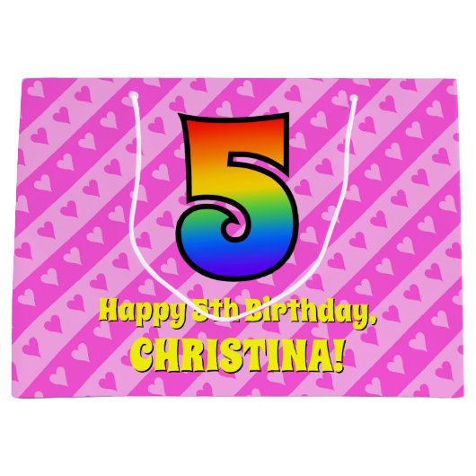 Grand Sac Cadeau 5e anniversaire : Pink Stripes & Hearts, Rainbow # (Devant)