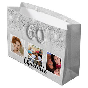 Grand Sac Cadeau 60e anniversaire argent parties scintillant nom ph