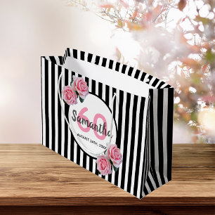 Grand Sac Cadeau 60e anniversaire bandes noires roses roses nom