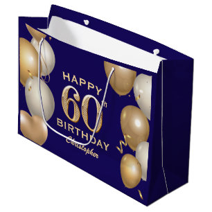 Grand Sac Cadeau 60e Anniversaire Marine Bleu et Ballons d'or