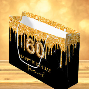 Grand Sac Cadeau 60e anniversaire noir or parties scintillant nom g