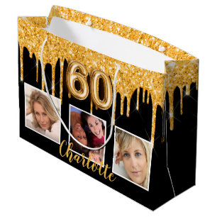 Grand Sac Cadeau 60e anniversaire noir parties scintillant d'or gou