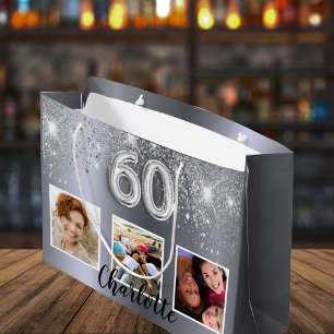 Grand Sac Cadeau 60e anniversaire parties scintillant argent photo