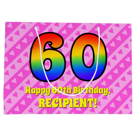 Grand Sac Cadeau 60e anniversaire : Pink Stripes & Hearts, Arc en c (Dos)
