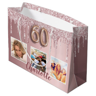 Grand Sac Cadeau 60e anniversaire rose parties scintillant gouttes 