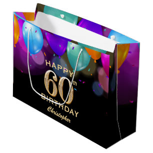 Grand Sac Cadeau 60e fête d'anniversaire Ballons noirs et or