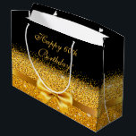 Grand Sac Cadeau 60th birthday black gold classic elegant name<br><div class="desc">Elegant,  classic,  glamorous and feminine style party gift bag.  A gold colored ribbon and bow with golden glitter and sparkle,  a bit of bling and luxury for a birthday.  Black background. With the text: Happy 60th Birthday!</div>