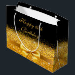 Grand Sac Cadeau 60th birthday black gold classic elegant name<br><div class="desc">Elegant,  classic,  glamorous and feminine style party gift bag.  A gold colored ribbon and bow with golden glitter and sparkle,  a bit of bling and luxury for a birthday.  Black background. With the text: Happy 60th Birthday!</div>