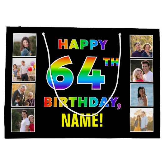 Grand Sac Cadeau 64e anniversaire : Rainbow Text, Custom Photos & N (Dos)