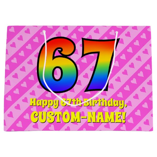 Grand Sac Cadeau 67e anniversaire : Pink Stripes & Hearts, Arc en c (Devant)