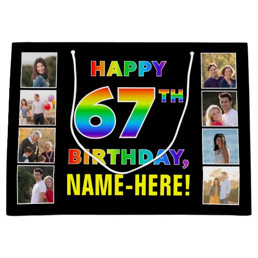 Grand Sac Cadeau 67e anniversaire : Rainbow Text, Custom Photos & N (Devant)