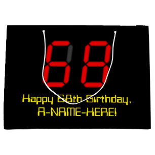 Grand Sac Cadeau 68e anniversaire : Rouge Digital Clock Style "68"