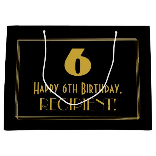 Grand Sac Cadeau 6e anniversaire — Art Déco inspiré Look "6" & Nom (Devant)