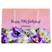 Grand Sac Cadeau 70e anniversaire rose floraux violets monogramme (Devant)