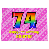 Grand Sac Cadeau 74e anniversaire : Pink Stripes & Hearts, Arc en c (Devant)