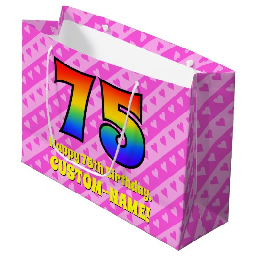 Grand Sac Cadeau 75e anniversaire : Pink Stripes & Hearts, Arc en c (Devant Angle)