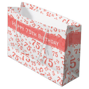 Grand Sac Cadeau 75e Joyeux anniversaire Coral/Motif de numéro blan