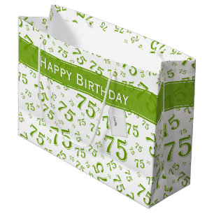 Grand Sac Cadeau 75e Joyeux anniversaire Motif vert/blanc