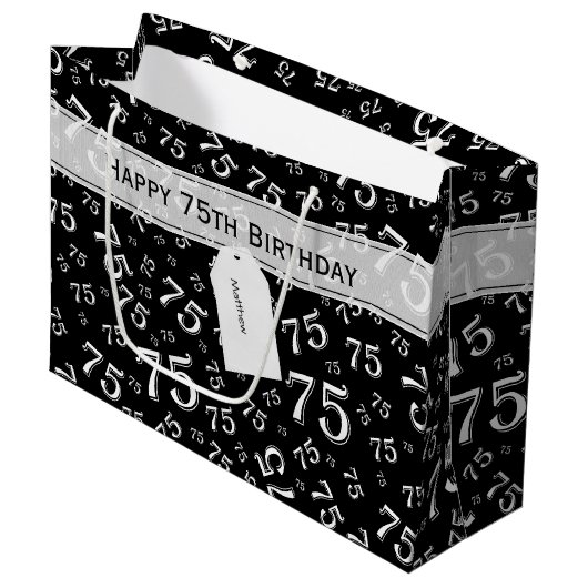 Grand Sac Cadeau 75e Joyeux anniversaire noir/blanc Motif numérique (Devant Angle)