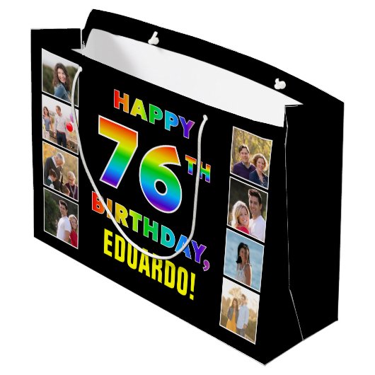 Grand Sac Cadeau 76e anniversaire : Rainbow Text, Custom Photos & N (Dos Angle)