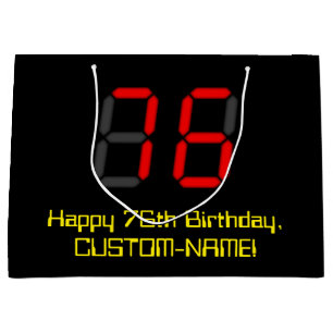 Grand Sac Cadeau 76e anniversaire : Rouge Digital Clock Style "76"