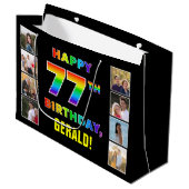 Grand Sac Cadeau 77e anniversaire : Rainbow Text, Custom Photos & N (Devant Angle)