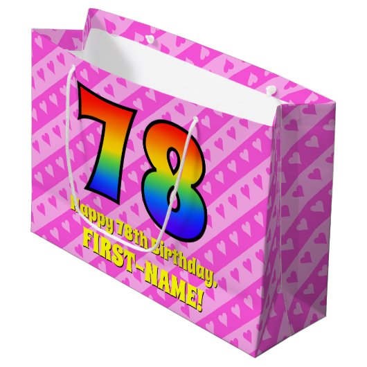 Grand Sac Cadeau 78e anniversaire : Pink Stripes & Hearts, Arc en c (Devant Angle)