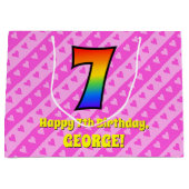 Grand Sac Cadeau 7e anniversaire : Pink Stripes & Hearts, Rainbow # (Devant)