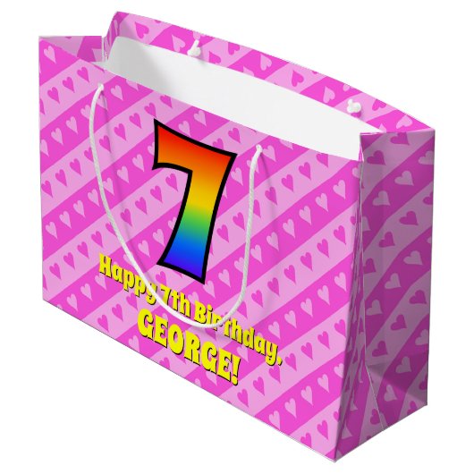 Grand Sac Cadeau 7e anniversaire : Pink Stripes & Hearts, Rainbow # (Dos Angle)
