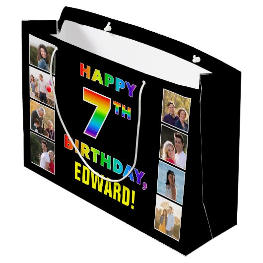 Grand Sac Cadeau 7e anniversaire : Rainbow Text, Custom Photos & Na (Dos Angle)