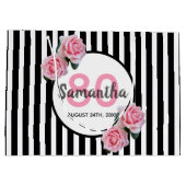 Grand Sac Cadeau 80e anniversaire noir rayures rose roses nom (Dos)