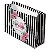 Grand Sac Cadeau 80e anniversaire noir rayures rose roses nom (Devant Angle)