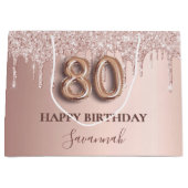 Grand Sac Cadeau 80e anniversaire rose gouttes rose or (Devant)
