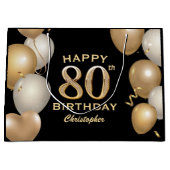 Grand Sac Cadeau 80e fête d'anniversaire Ballons noirs et or (Devant)
