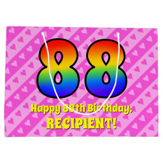 Grand Sac Cadeau 88e anniversaire : Pink Stripes & Hearts, Arc en c (Dos)