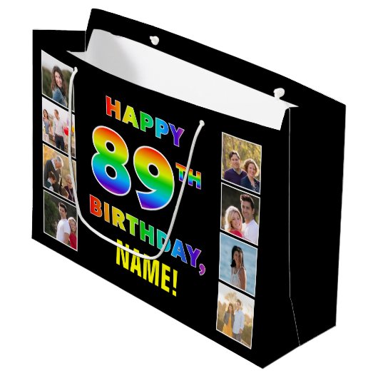 Grand Sac Cadeau 89e anniversaire : Rainbow Text, Custom Photos & N (Devant Angle)