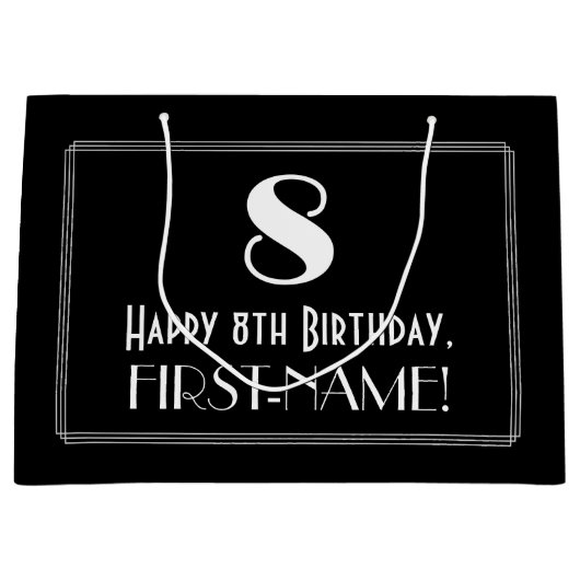 Grand Sac Cadeau 8e anniversaire : Art Déco Style "8", Nom (Devant)