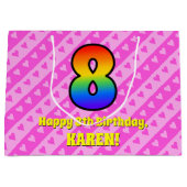 Grand Sac Cadeau 8e anniversaire : Pink Stripes & Hearts, Rainbow # (Devant)