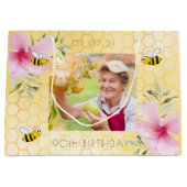 Grand Sac Cadeau 90e anniversaire abeilles nid d'abeilles fleurs ro (Devant)
