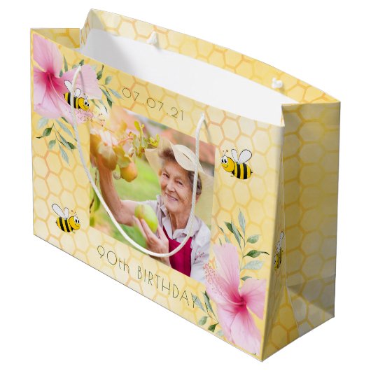 Grand Sac Cadeau 90e anniversaire abeilles nid d'abeilles fleurs ro (Dos Angle)