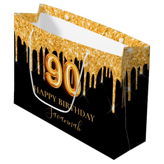 Grand Sac Cadeau 90e anniversaire noir parties scintillant or drips (Devant Angle)