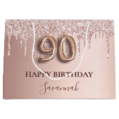 Grand Sac Cadeau 90e anniversaire rose gouttes rose or (Devant)
