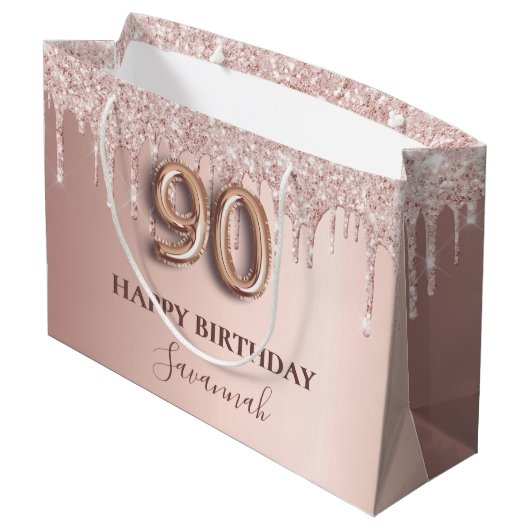 Grand Sac Cadeau 90e anniversaire rose gouttes rose or (Dos Angle)
