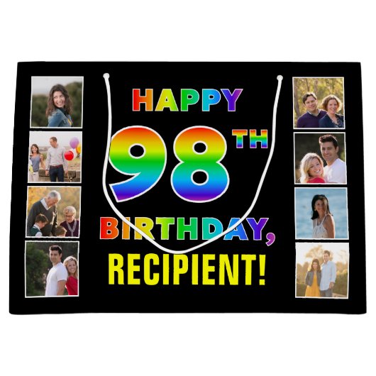 Grand Sac Cadeau 98e anniversaire : Rainbow Text, Custom Photos & N (Devant)
